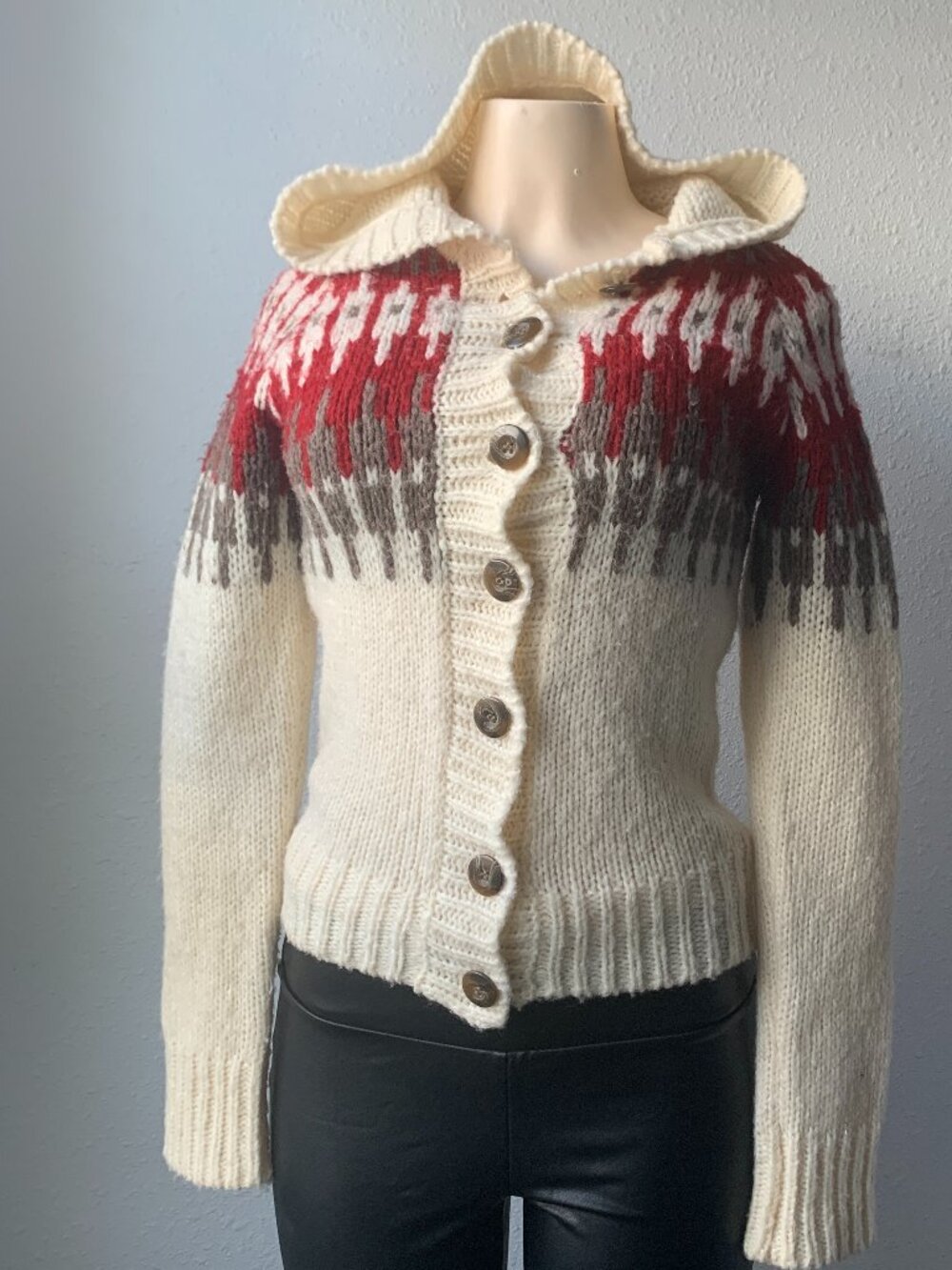 Forever 21 Womens Small Fair Isle Chunky Knit Wool Blend Hooded Cardigan Sweater
